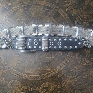 Silver Tone 35 -39 in mesh belt  silver metal .genuine black leather